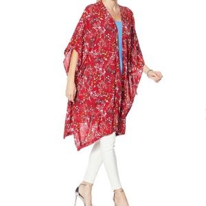 Rhonda Shear Red Floral Caftan Wrap One Size